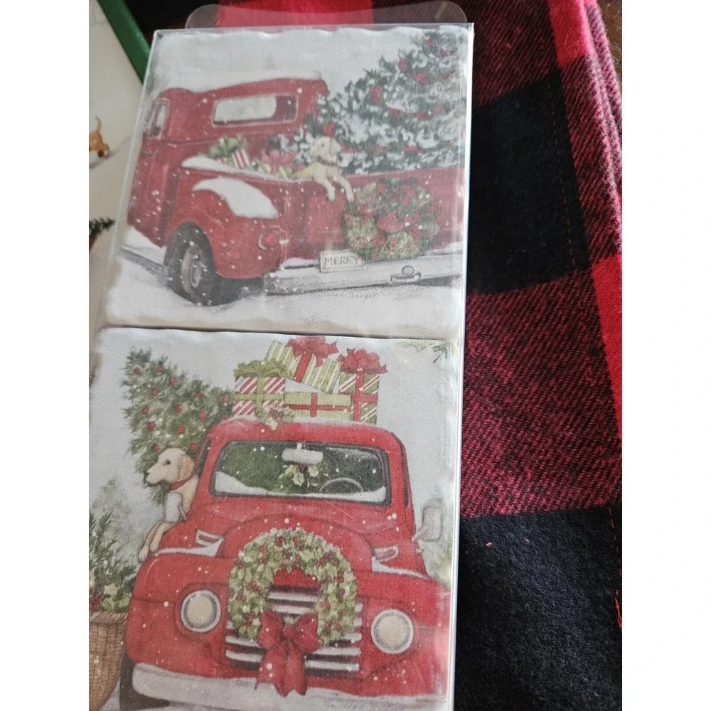 Christmas Decor Little Red Truck Kitchen pot holder, cutting board, coasters New